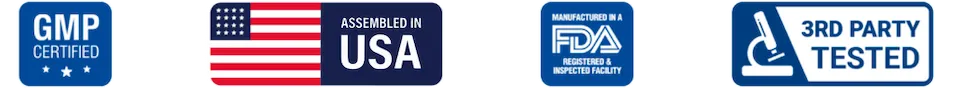 GMP Certified, Assembled in USA, FDA registered facility, and third-party tested badges